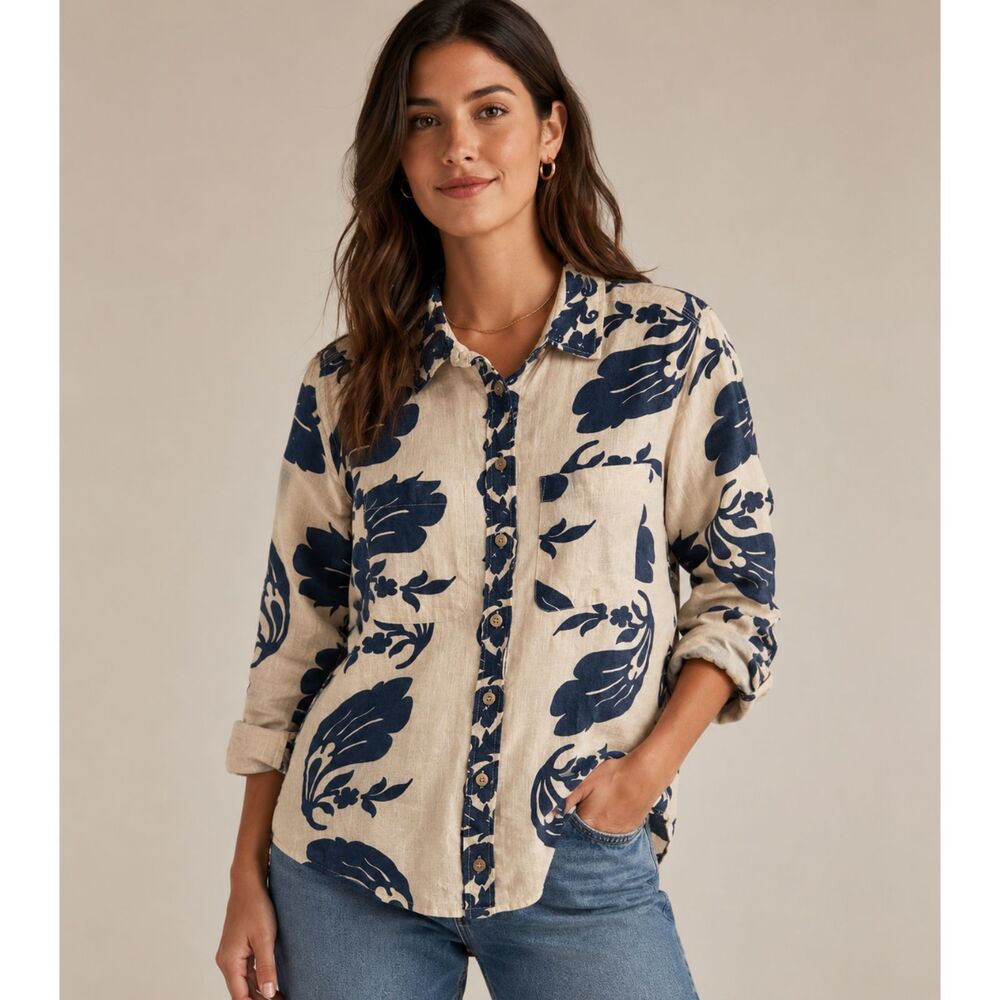Soft Surroundings Linen Blend Floral Hawaiian Shirt Beige Navy Women L